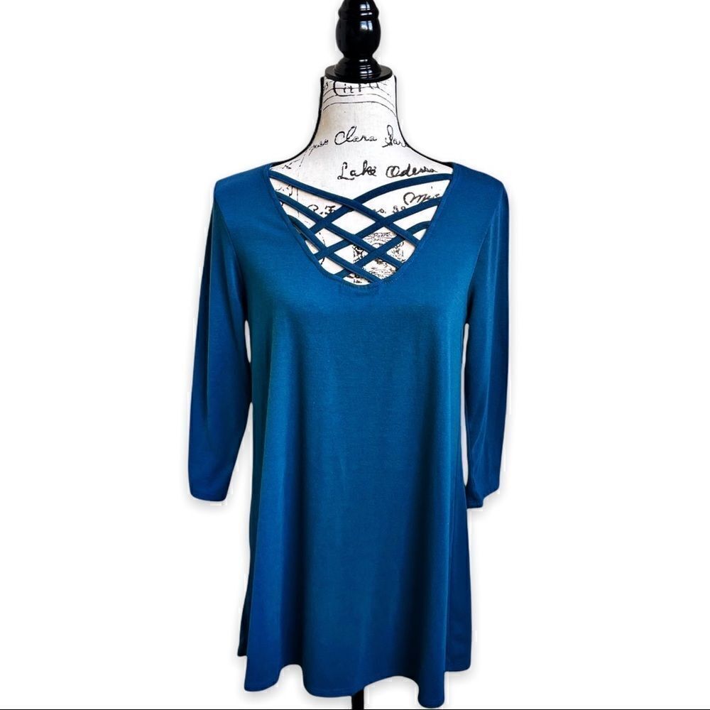 Shop Basic USA A-line Teal Swing Tunic with Criss Cross Neckline Size M